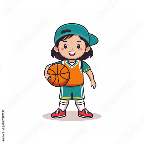 Cartoon girl in sportswear holding a basketball