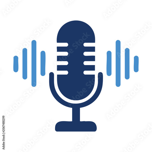 Blue microphone icon with sound waves on white background