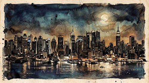 Modern cityscape silhouette night. Ink drawn style.