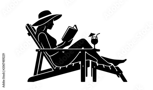 Принти на полотні Silhouette woman reading book on beach chair tropical summer relaxation vector i