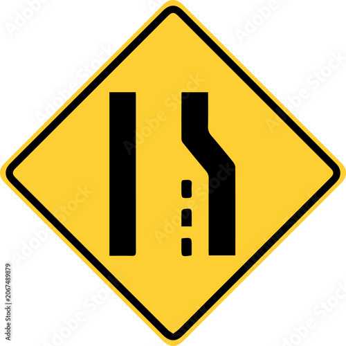 Right lane ends yellow diamond traffic warning sign isolated on white background