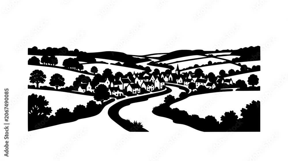 Obraz premium Black and white silhouette of a rural village landscape with hills