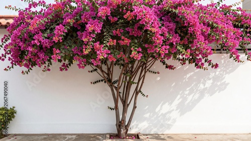 Vibrant Pink Bougainvillea Tree Against White Wall Background