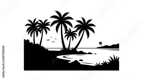 Black and White Palm Tree Beach Silhouette Illustration