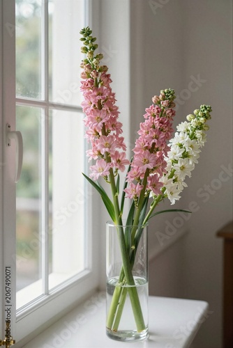 Pink and White Delphinium Flowers in a Glass Vase on a Windowsill