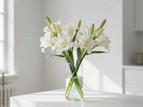 Elegant White Lilies in Glass Vase on Minimalist Table