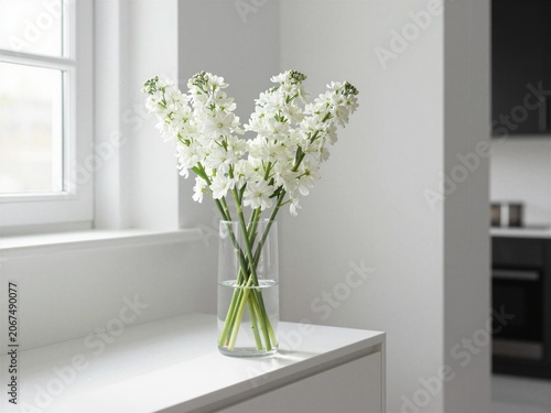 White Delphinium Flowers in Glass Vase on Minimalist Sideboard