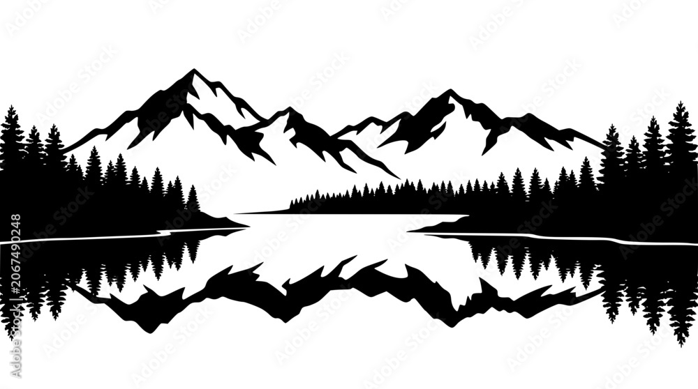 Fototapeta premium Mountain Landscape Silhouette with Lake Reflection and Pine Forest