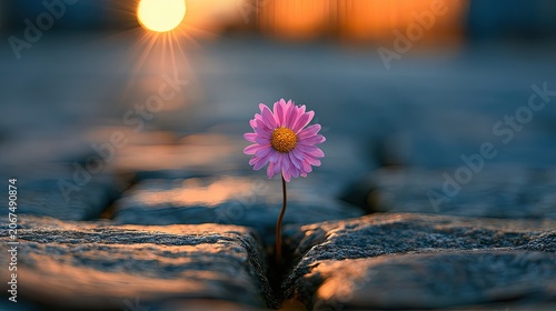Tiny pink flower pushing through cobblestones at sunset