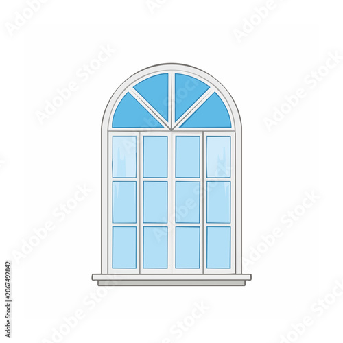 Arched window illustration with blue panes and white frame
