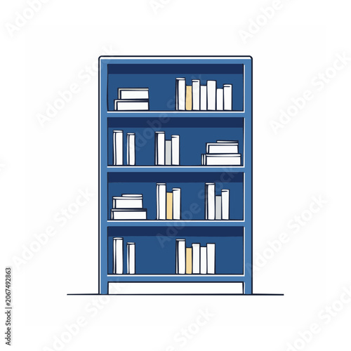 Blue bookshelf with books, line art illustration
