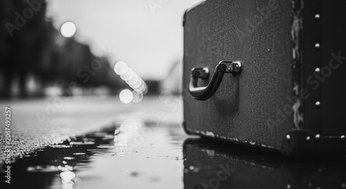 Vintage Suitcase in Rainy Street Setting representing the Concept of Departure and Nostalgia