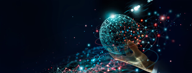 Abstract, Big data network and AI technology, Algorithm and deep learning, Innovation and Data science, Businessman touch a data flow on global network and Fast connection. The world is in your hands.