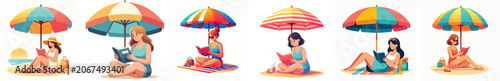 Vector of a woman reading a book under a beach umbrella. Summer theme. Vector, illustration, minimalist, flat
