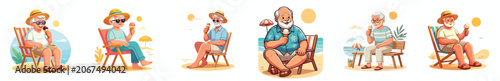 Vector of a grandfather enjoying ice cream on the beach. Summer theme. Vector, illustration, minimalist, flat