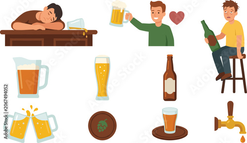 Foto Alcohol and Beer Vector Icon Set Featuring Drunk Men Drinking Infographics Pub P