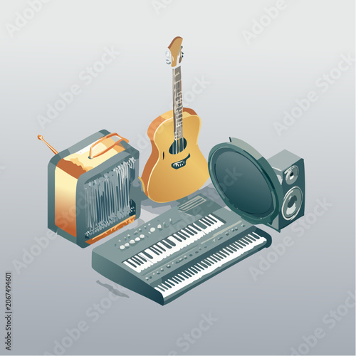 Acoustic guitar and keyboard with studio speaker setup.
