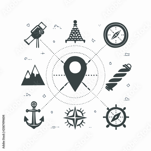 Adventure and navigation icons centered around map pin