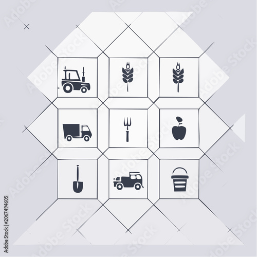 Agricultural equipment and farming icon grid set.