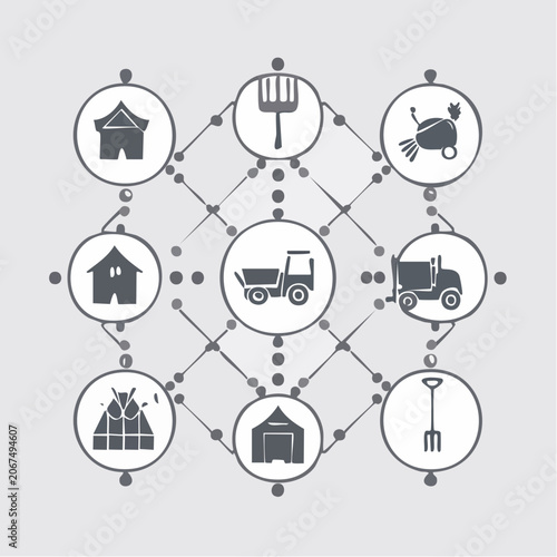 Agriculture and farming tools minimalist icon grid layout.