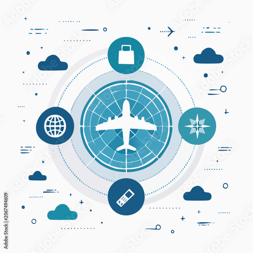 Aircraft top view inside target radar with travel symbols.