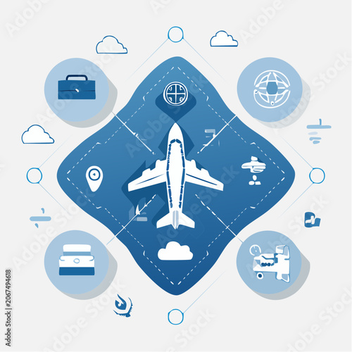 Airplane icon centered in blue diamond travel infographic.