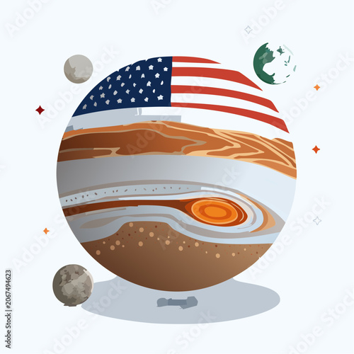 American flag patterned gas giant planet with moons.