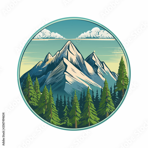 Alpine mountains and evergreen forest circular travel badge design.
