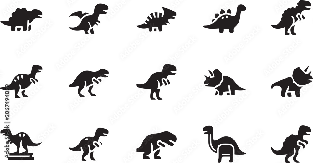 Fototapeta premium Dinosaur Icons Set: Silhouette Collection of Prehistoric Reptile Species