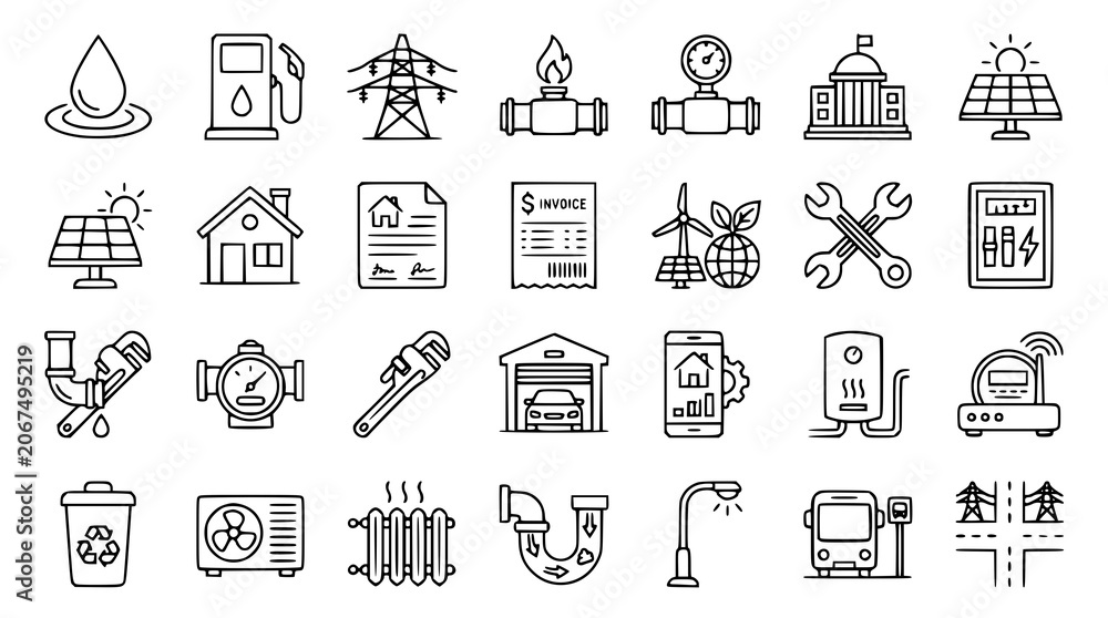 Fototapeta premium Public Utility Services Outline Icons Collection with Energy Water Gas and Property Management Symbols
