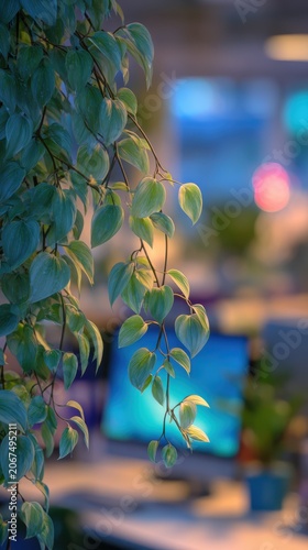 Detailed view of a vibrant green plant positioned beside a computer representing development in the human resources onboarding journey
