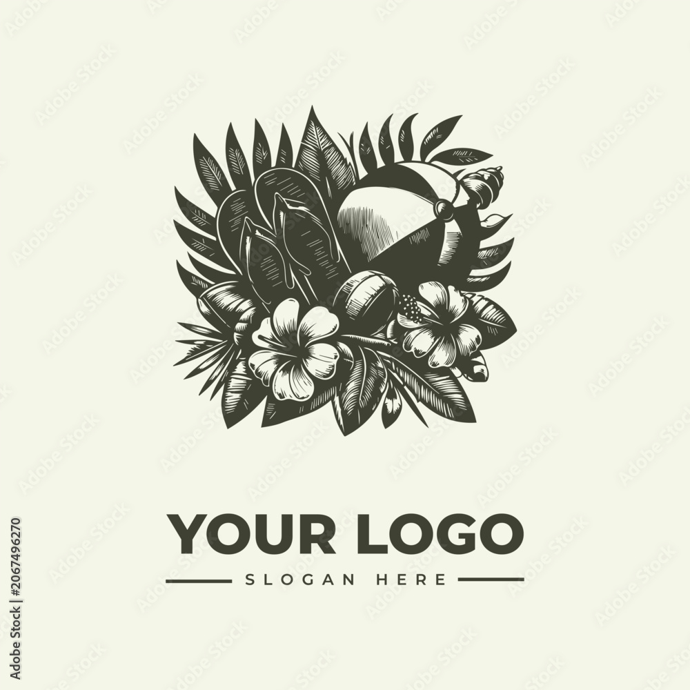 Fototapeta premium Vintage hand drawn tropical summer vacation logo design with beach ball and hibiscus flowers.