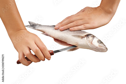 Woman cooking raw fish on kitchen