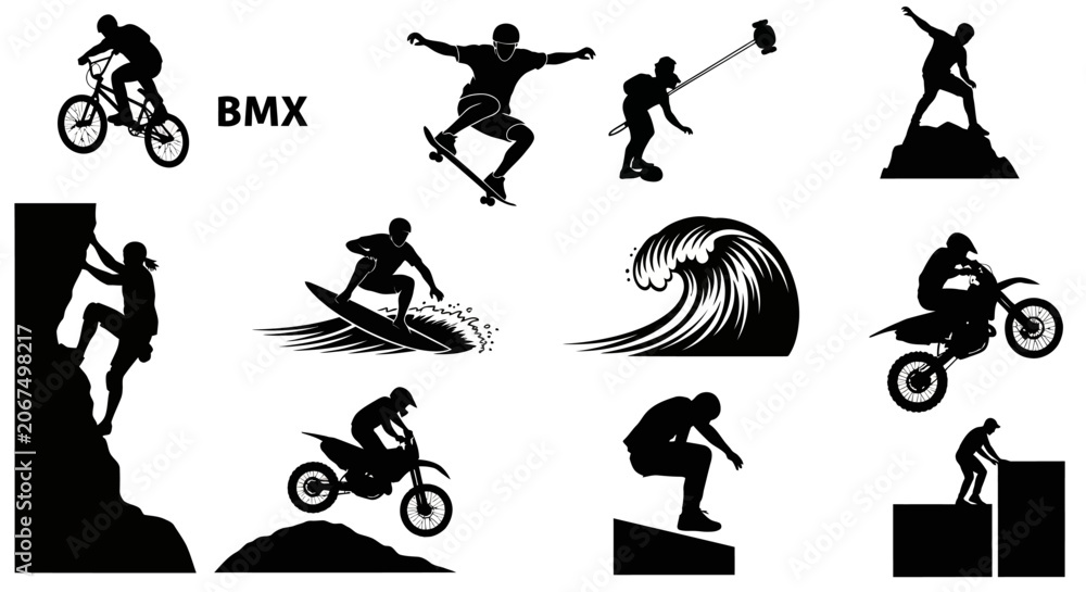 Obraz premium Set of extreme sports silhouettes featuring action athletes in various activities.