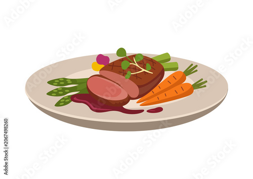 Canvastavla Delicious gourmet plated meal featuring grilled beef steak, asparagus, carrots,