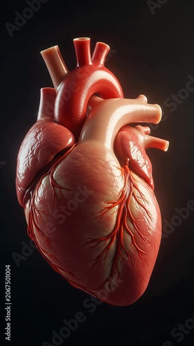 Detailed 3D anatomical model of a human heart with visible arteries and veins