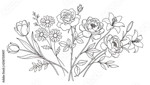 Fotografie Elegant floral line art bouquet, minimalist black and white flower arrangement v