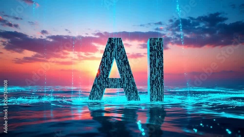 Abstract AI concept with digital data streams over ocean waves at sunset
