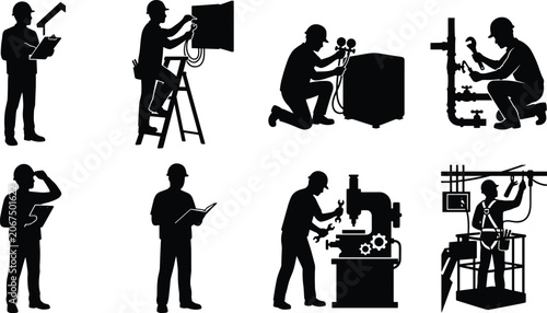 Canvas Print Industrial Maintenance Technician Silhouette Set with Equipment Inspection and R