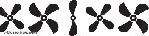 Set of five black fan propellers or blades in different shapes, rotating elements for airflow and ventilation.