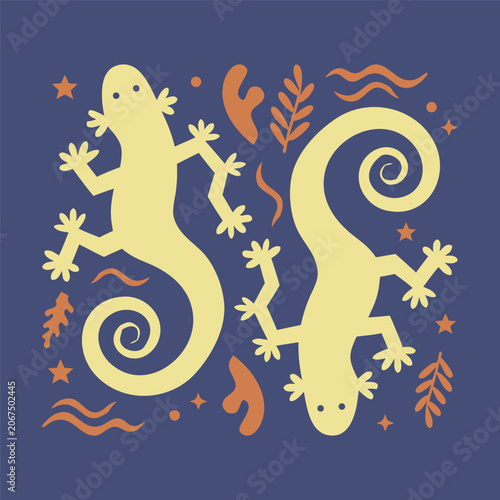 Two Salamanders with Leaves and Stars Illustration