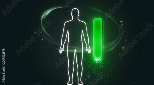Glowing Neon Outline of Human Body with Charging Energy Bar for Health Concepts