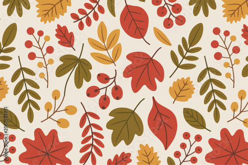 Fall harvest foliage pattern featuring scattered vibrant autumn leaves and wild berries on warm neutral beige backdrop wallpaper.