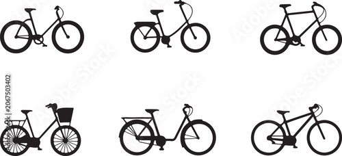 Bild auf Leinwand Black bicycle silhouettes set featuring various transport styles for urban commuting city travel and outdoor leisure activities