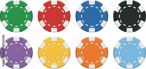 Set of colorful casino chips for gambling games isolated on transparent background round plastic tokens for poker entertainment.