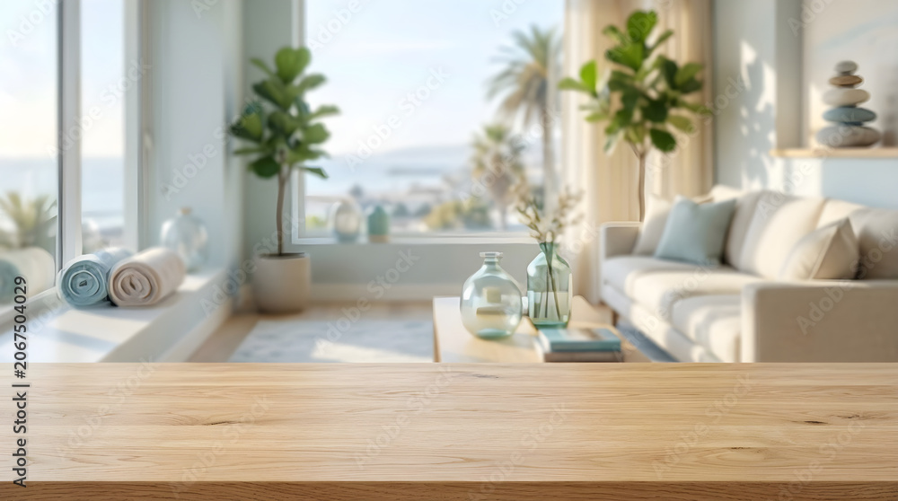 Fototapeta premium Empty Wooden Table Surface with Blurred Coastal Living Room Interior for Product Mockup Display and Background Header.