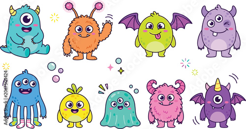 Tableau sur toile Cute Kawaii Monster Characters Collection Featuring Colorful Fantasy Creatures A