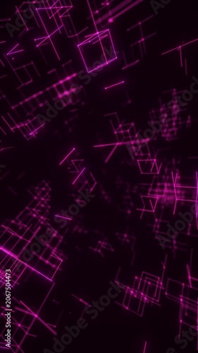 Violet Neon Cubes Vertical Loop in a Dense Digital Wireframe Network. Looped 3D rendering