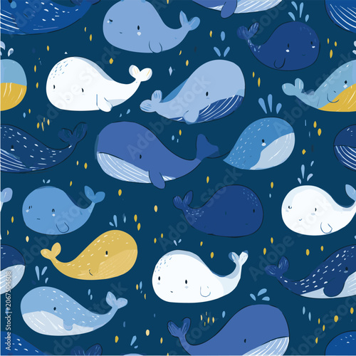 Marine seamless pattern, cute whales, blue ocean palette