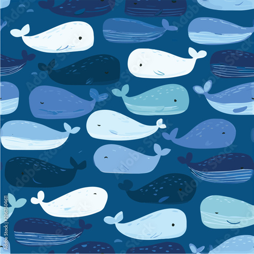 Marine seamless pattern, cute whales, blue ocean palette